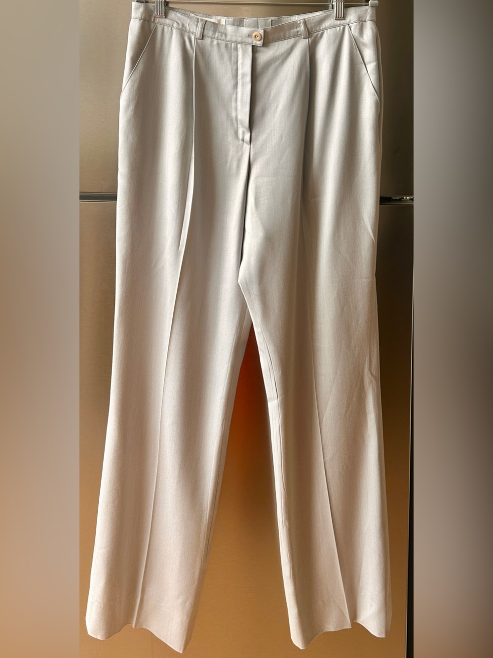 Escada Silver Blue Wool Silk Pleated Trousers Wide Leg Pants Germany 44